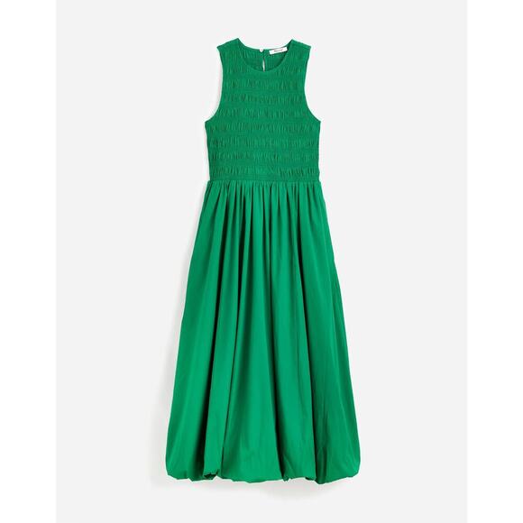 Madewell The Melody Bubble-Hem Smocked Midi Dress Poplin NT311 Green Size L NWT - Picture 5 of 6